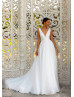 Deep V Neck Ivory Organza Glitter Wedding Dress